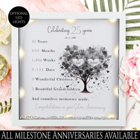 Personalised 25th wedding anniversary gift, Family tree framed print, Silver wedding anniversary gift, Anniversary milestone gift